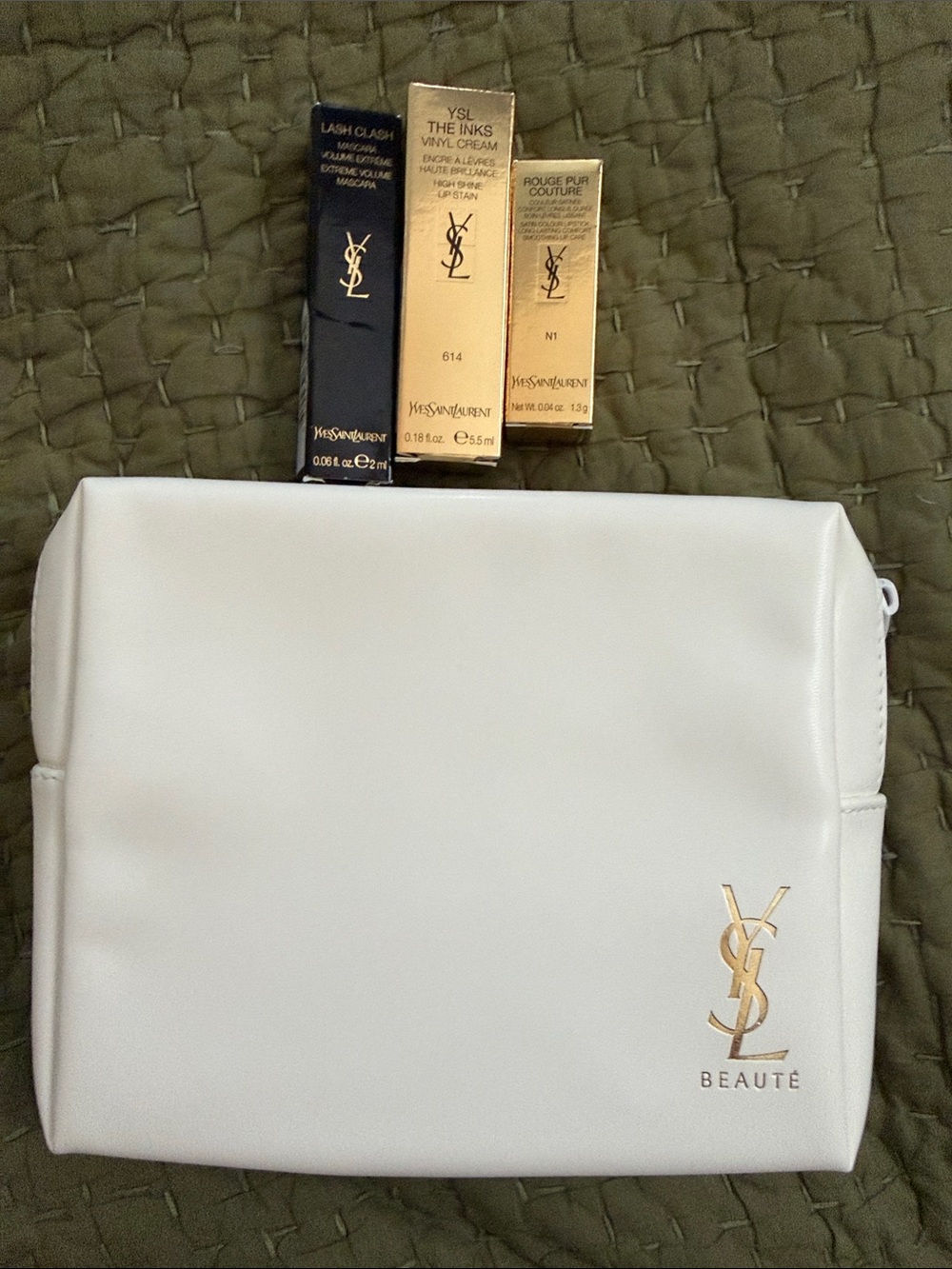Yves Saint Laurent White Cosmetic Pouch with Gold YSL Logo